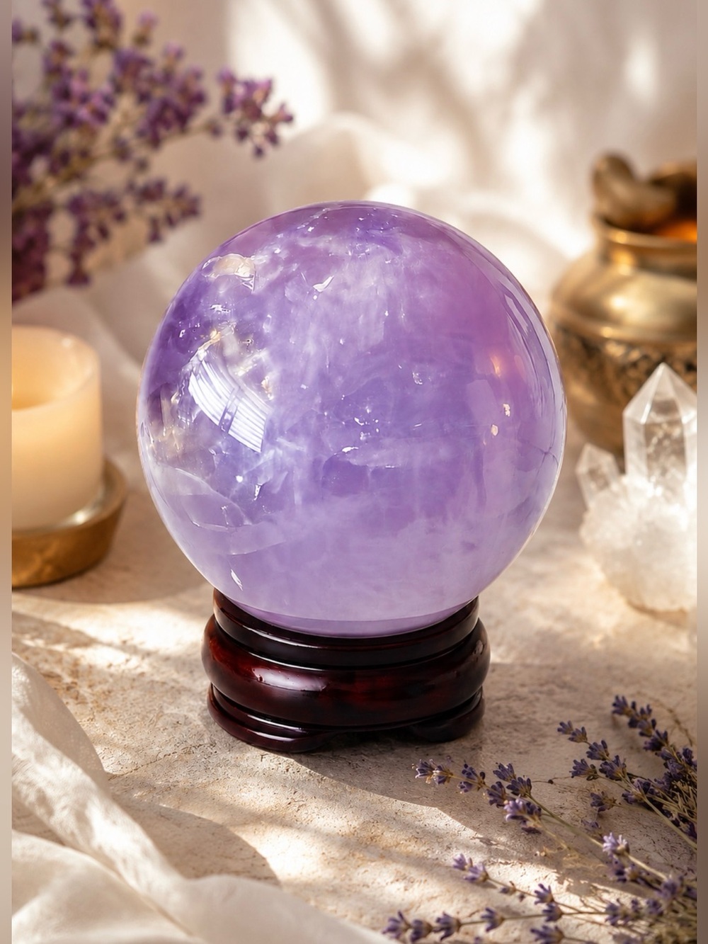 Natural Lavender Amethyst Crystal Sphere 348g Polished Purple Quartz Ball stand